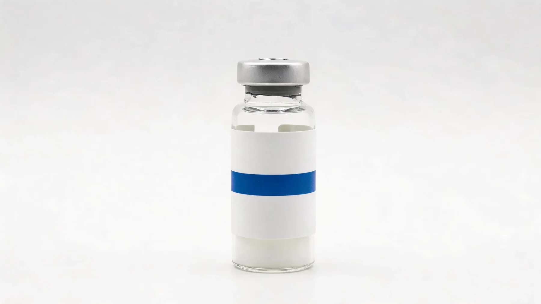 Clear peptide research vial with a white label and blue identification band
